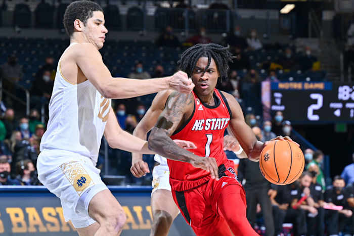 North Carolina State Wolfpack guard Dereon Seabron (1) drives to the basket as Notre Dame Fighting Irish forward Paul Atkinson Jr. (20) defends in the first half at the Purcell Pavilion.